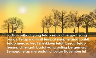 Jadilah pribadi yang tetap sejuk di tempat yang panas. Tetap manis di tempat yang teramat pahit. Tetap merasa kecil meskipun telah besar. Tetap tenang di tengah badai yang paling bergemuruh. Semoga tetap merendah di bulan November ini