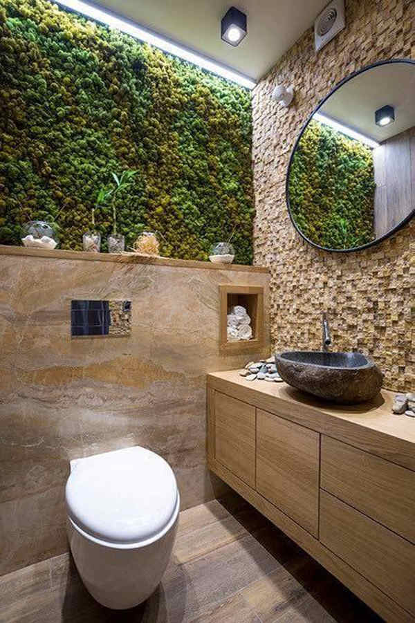 Natural, 10 Desain Kamar Mandi dengan Kesan Alami Tumbuhan dan Batu