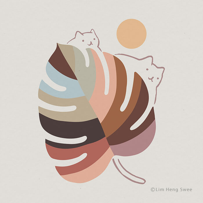 10 Ilustrasi Minimalis Apik Kombinasi Kucing dan Tanaman Monstera