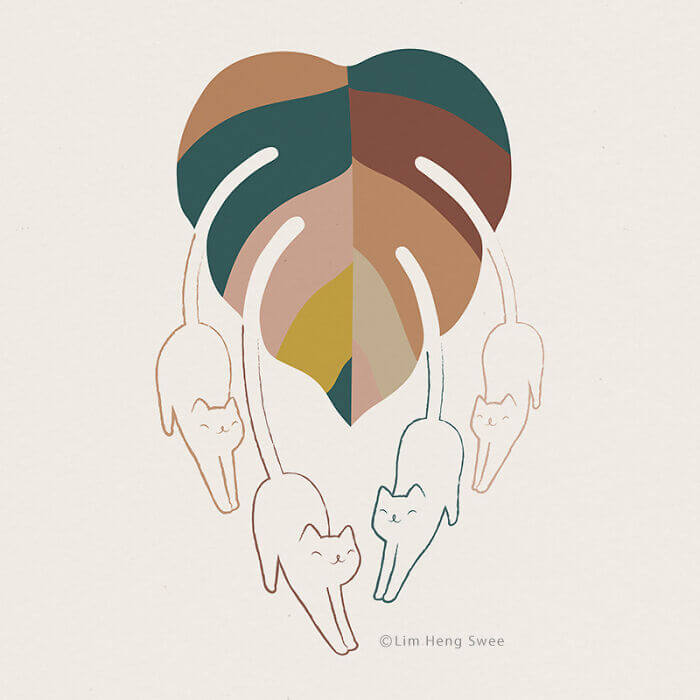 10 Ilustrasi Minimalis Apik Kombinasi Kucing dan Tanaman Monstera