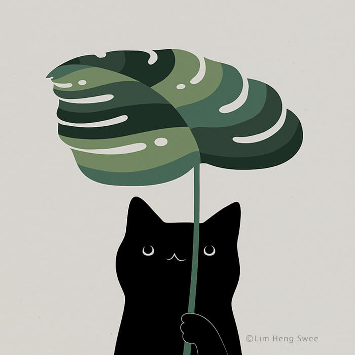 10 Ilustrasi Minimalis Apik Kombinasi Kucing dan Tanaman Monstera