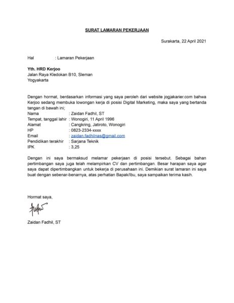 Contoh surat lamaran kerja, agar HRD bisa melihatnya